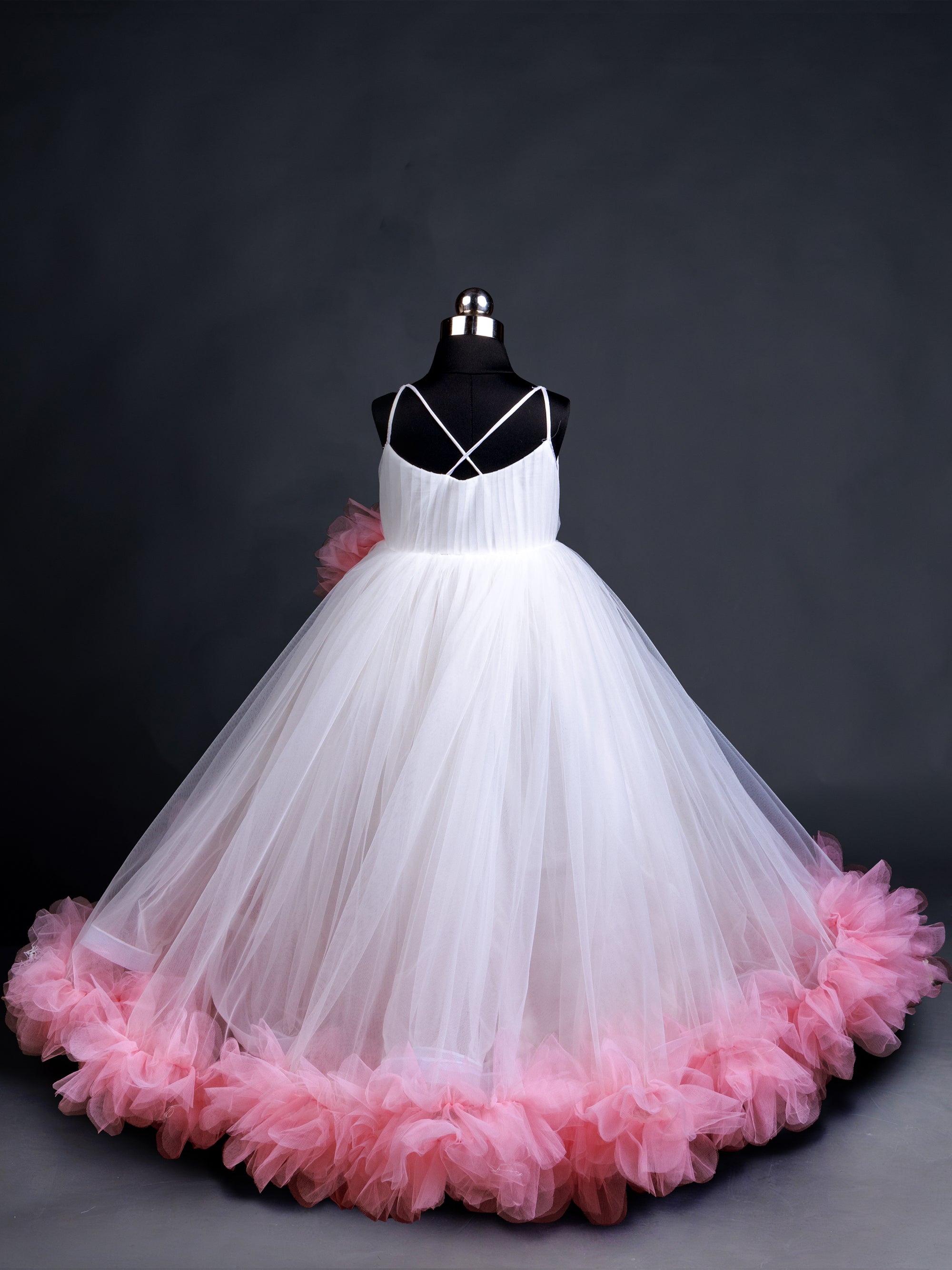 White Fully Flare Gown With Pink Net Flower