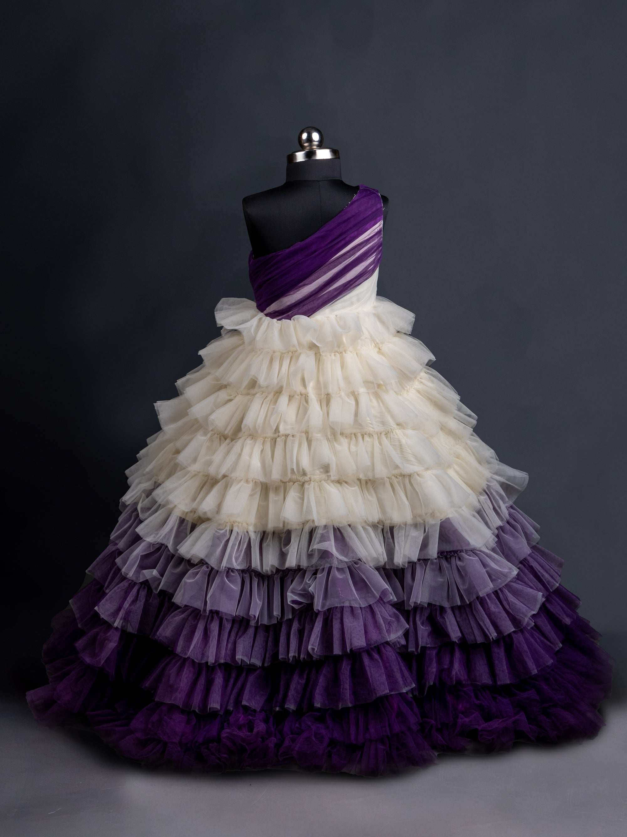 Off-white with Dark Purple Ruffle Floor length Gown