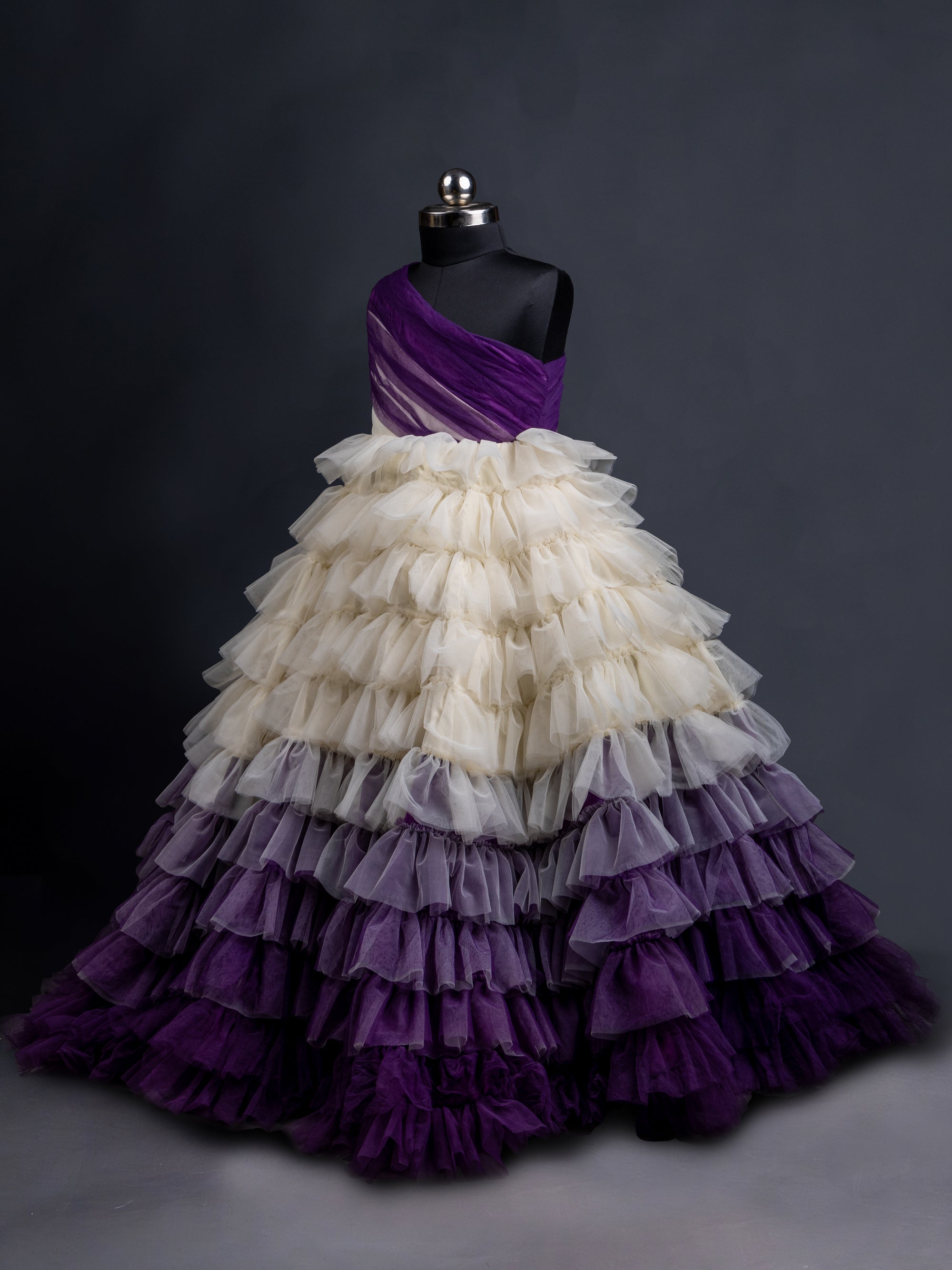 Off-white with Dark Purple Ruffle Floor length Gown