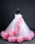 White Fully Flare Gown With Pink Net Flower