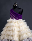 Off-white with Dark Purple Ruffle Floor length Gown