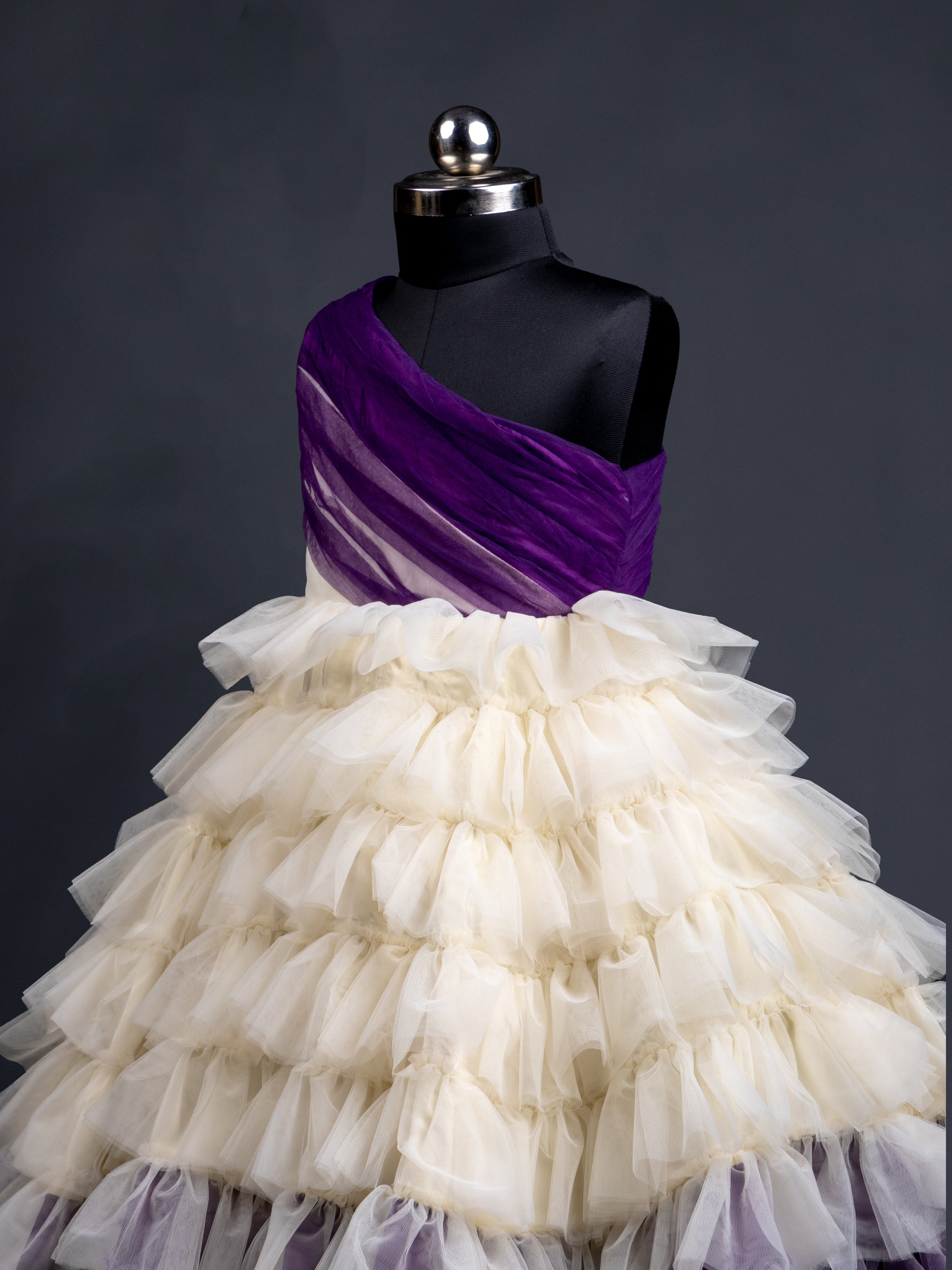 Off-white with Dark Purple Ruffle Floor length Gown